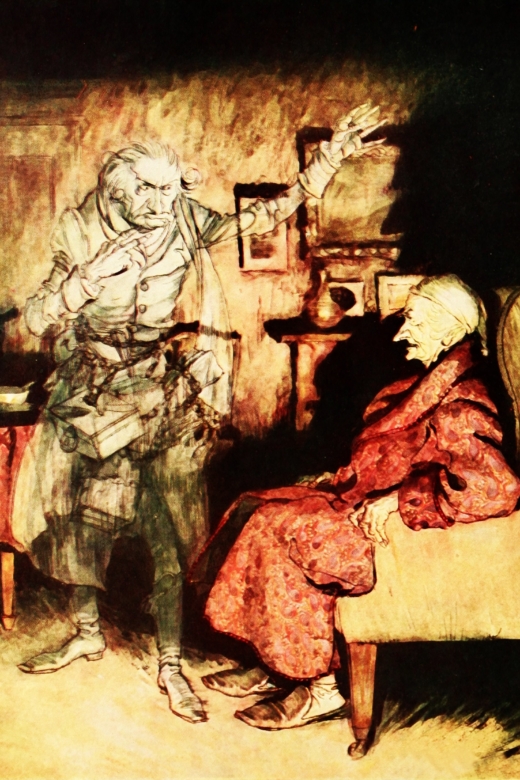 Afbeelding van Scrooge met een van de drie geesten.